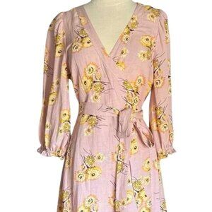 Madewell XS Pink Yellow Floral Wrap Dress 3/4 Sleeves Linen Blend Viscose Dandel